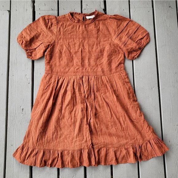 Universal Thread Burnt Orange Puff Sleeve 100% Cotton Embroidered Dress Small - Picture 4 of 10